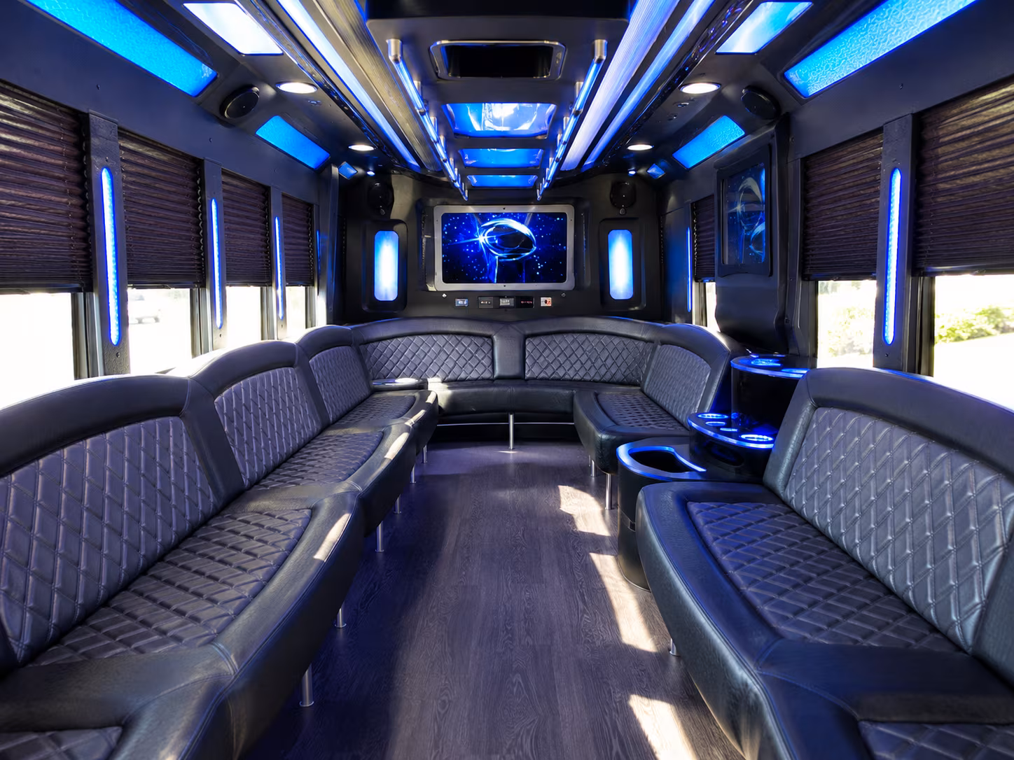 Passenger watching the Los Angeles scenery during a regional party bus road trip